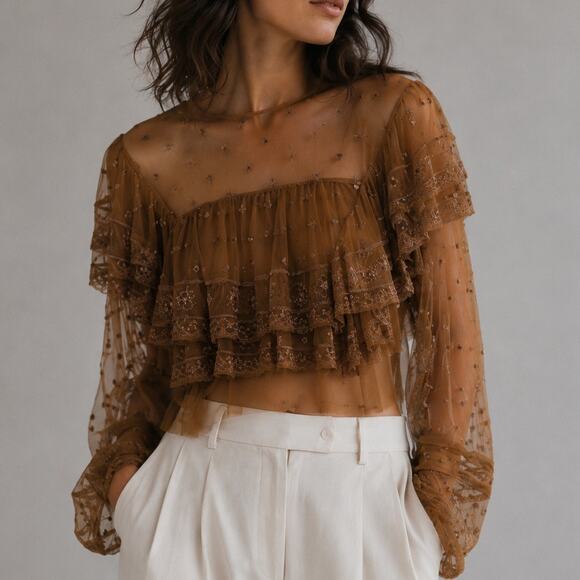 Free People Tops - Free People Disco Ball Embellished Sequin Boho Ruffle Lace Sheer Top M